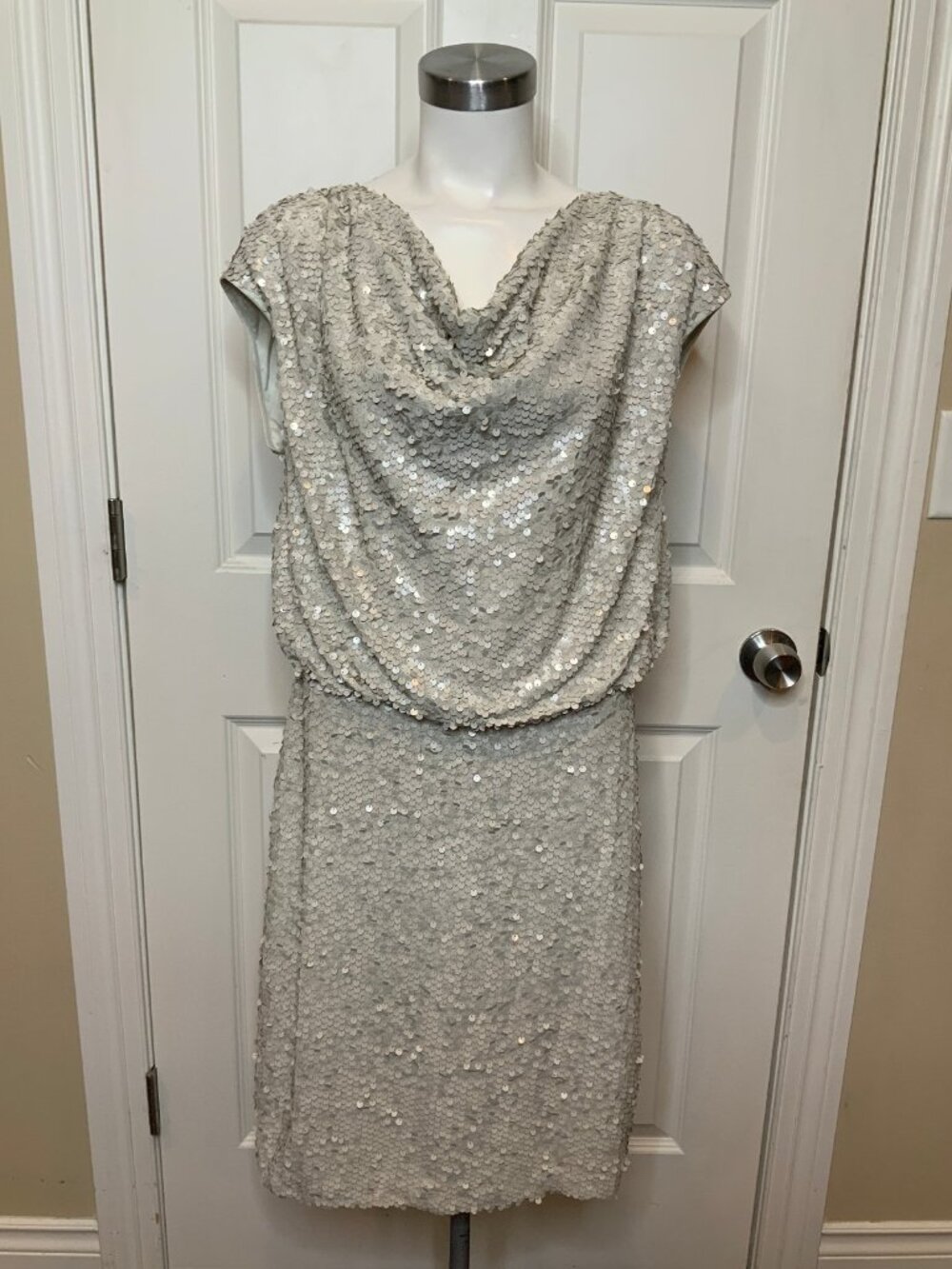 St. John Light Gray Sequin Cowl Neck Sleeveless Midi Dress, Size 6
